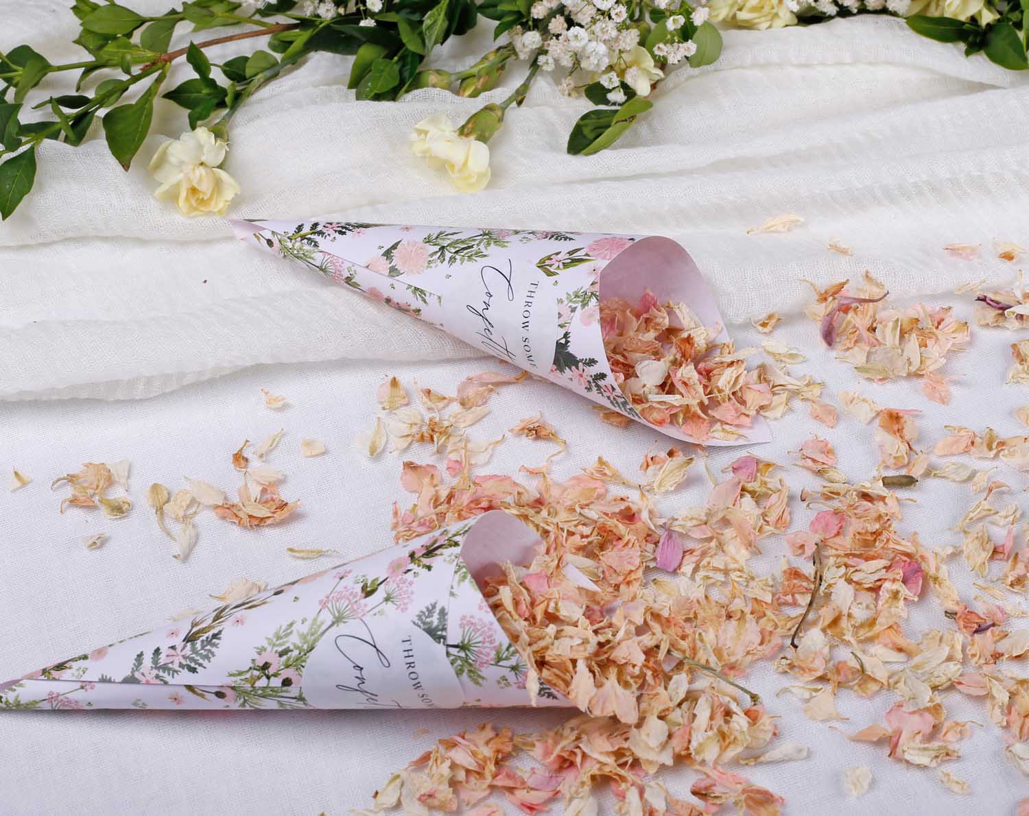 Pink Floral Wedding Confetti Cones filled with dried petals