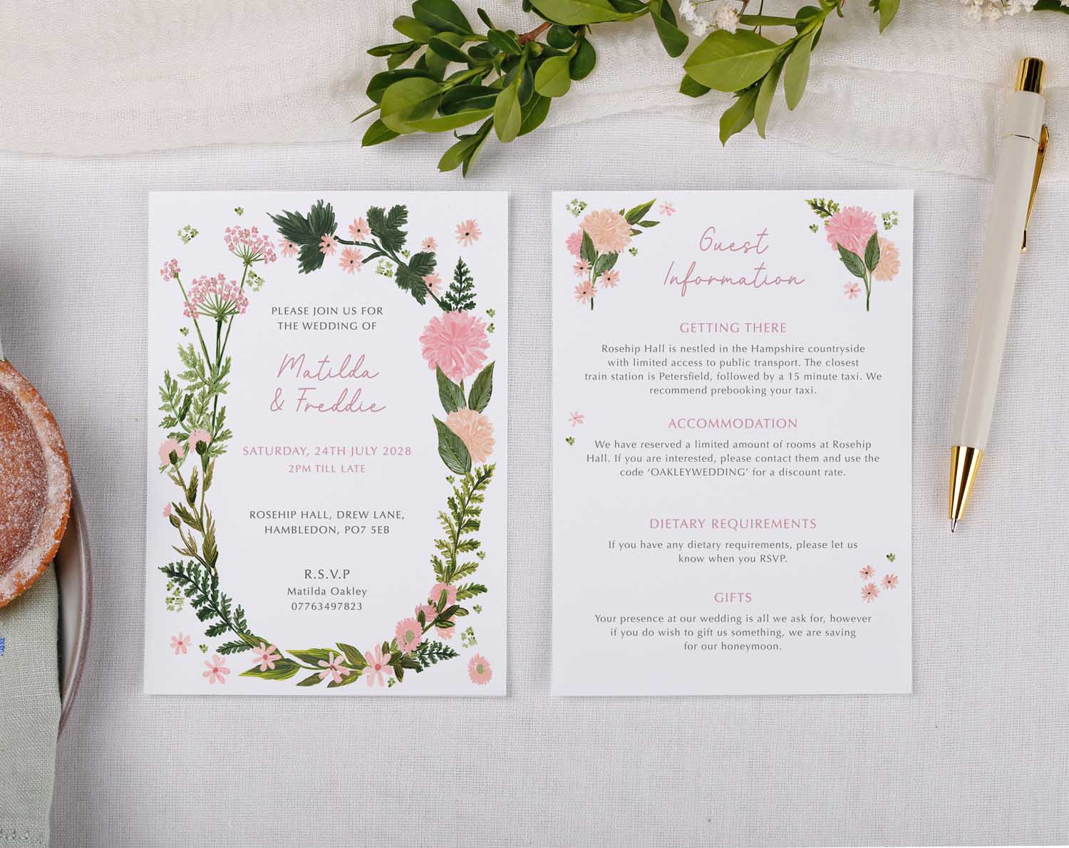 Pink Floral Wedding Information Cards featuring wedding invite and guest information details with floral designs.