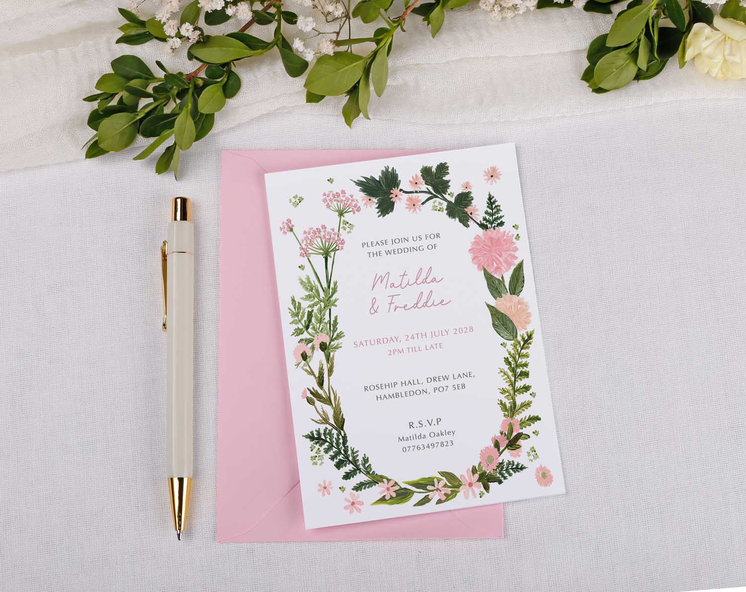 Personalised Pink Floral Wedding Invitations featuring floral design and pastel colours for a romantic touch.