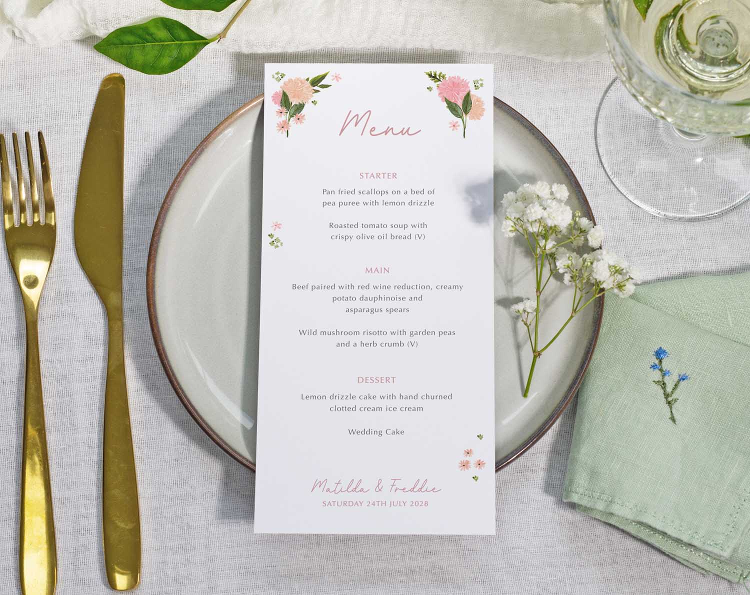 Pink Floral Wedding Menus featuring a personalised menu design and pink flowers.