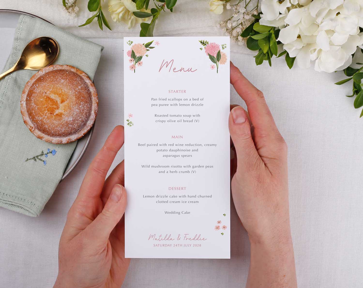 Pink Floral Wedding Menus with pink blush floral and botanical design.