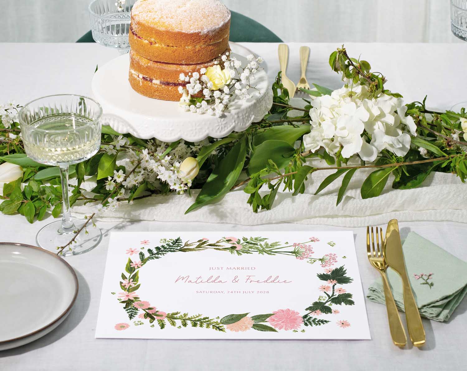 Pink Floral Wedding Placemats with pink blush florals and botanicals for a pretty romantic wedding.