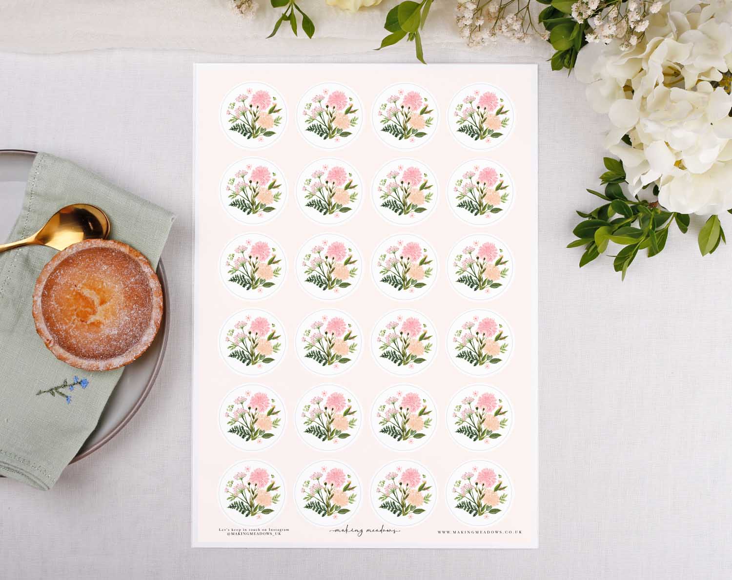 Pink Floral Wedding Stickers for envelope seals displayed on an A4 sticker sheet.