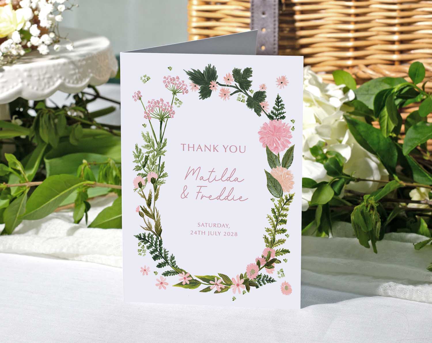 Pink Floral Wedding Thank You Cards featuring a floral design with names and wedding date.