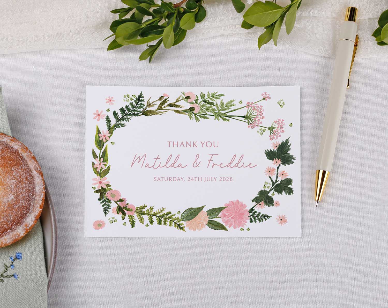 Pink Floral Wedding Thank You Postcards featuring an elegant floral design with names and wedding date.