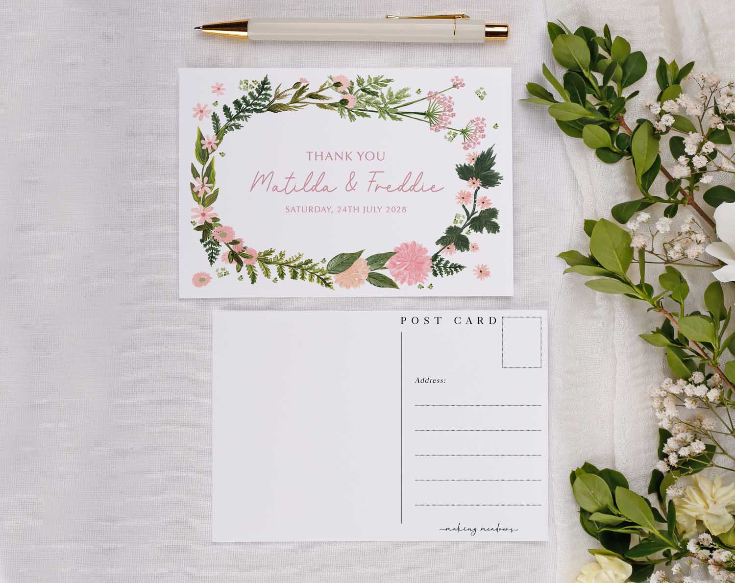 Pink Floral Wedding Thank You Postcards featuring a floral design and personalized message on elegant stationery.