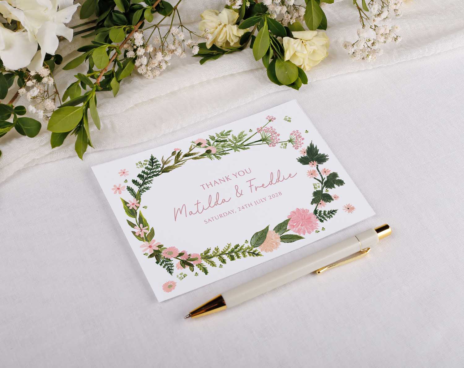 Pink Floral Wedding Thank You Postcards featuring a floral design and a thank you message.
