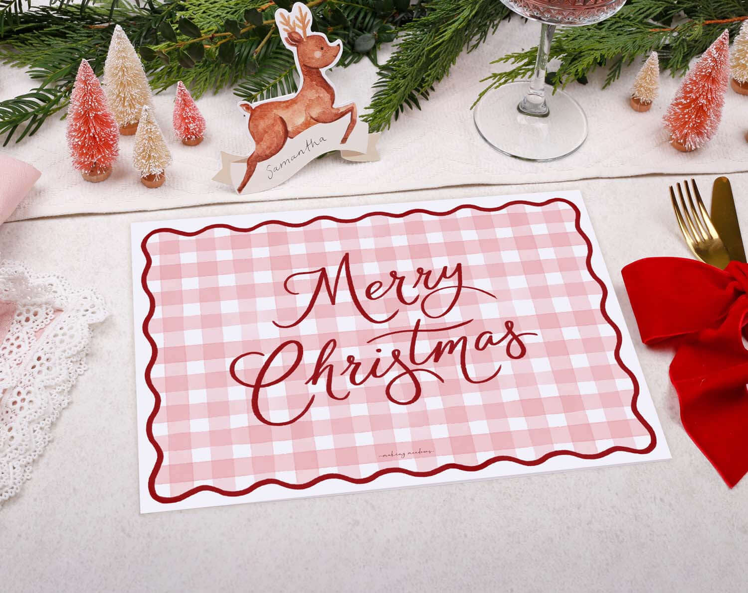 Pink Gingham Christmas Placemats designed by Making Meadows