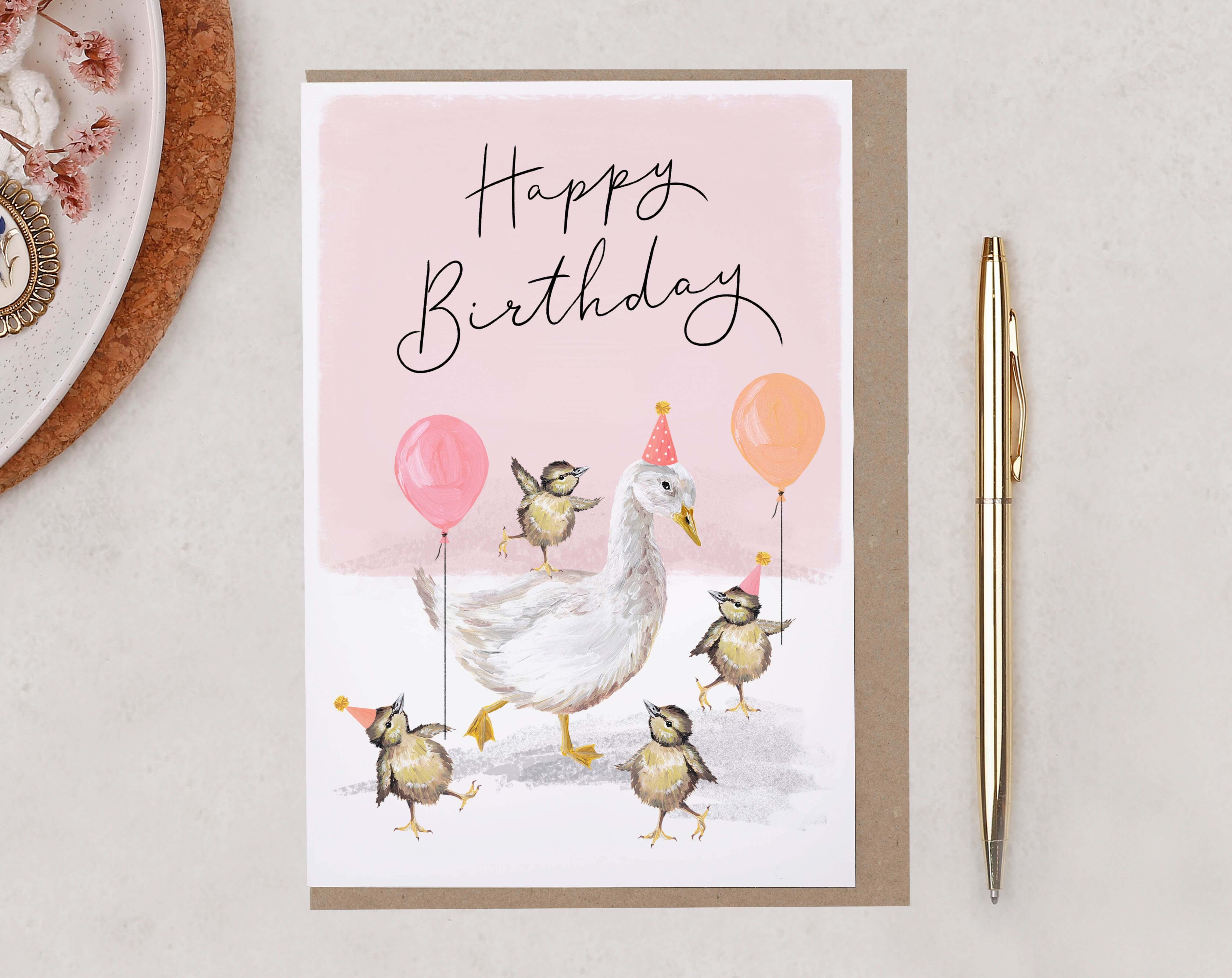 Pink Goose Happy Birthday Card. Greeting & Note Cards designed by Making Meadows