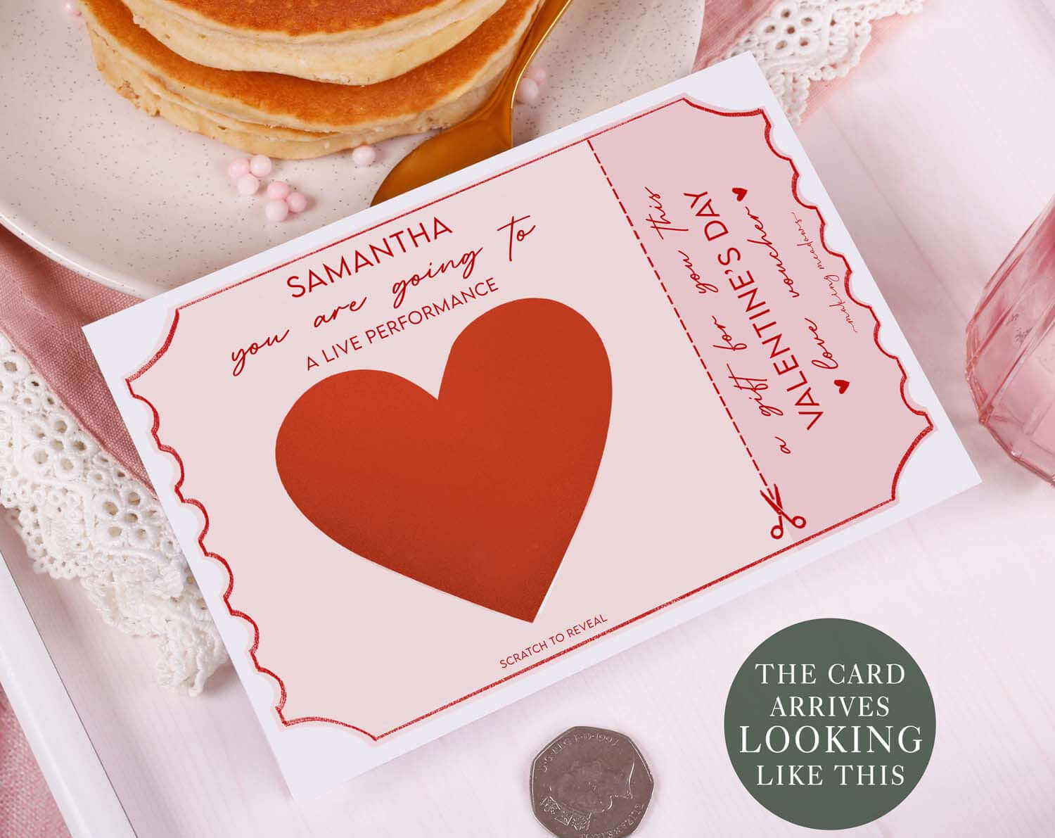 Pink Surprise Concert Gift Reveal Scratch Card. Greeting & Note Cards designed by Making Meadows