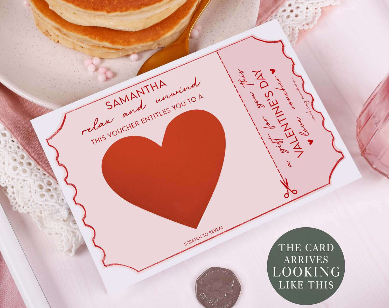 Pink Surprise Spa Gift Reveal Scratch Card. Greeting & Note Cards designed by Making Meadows