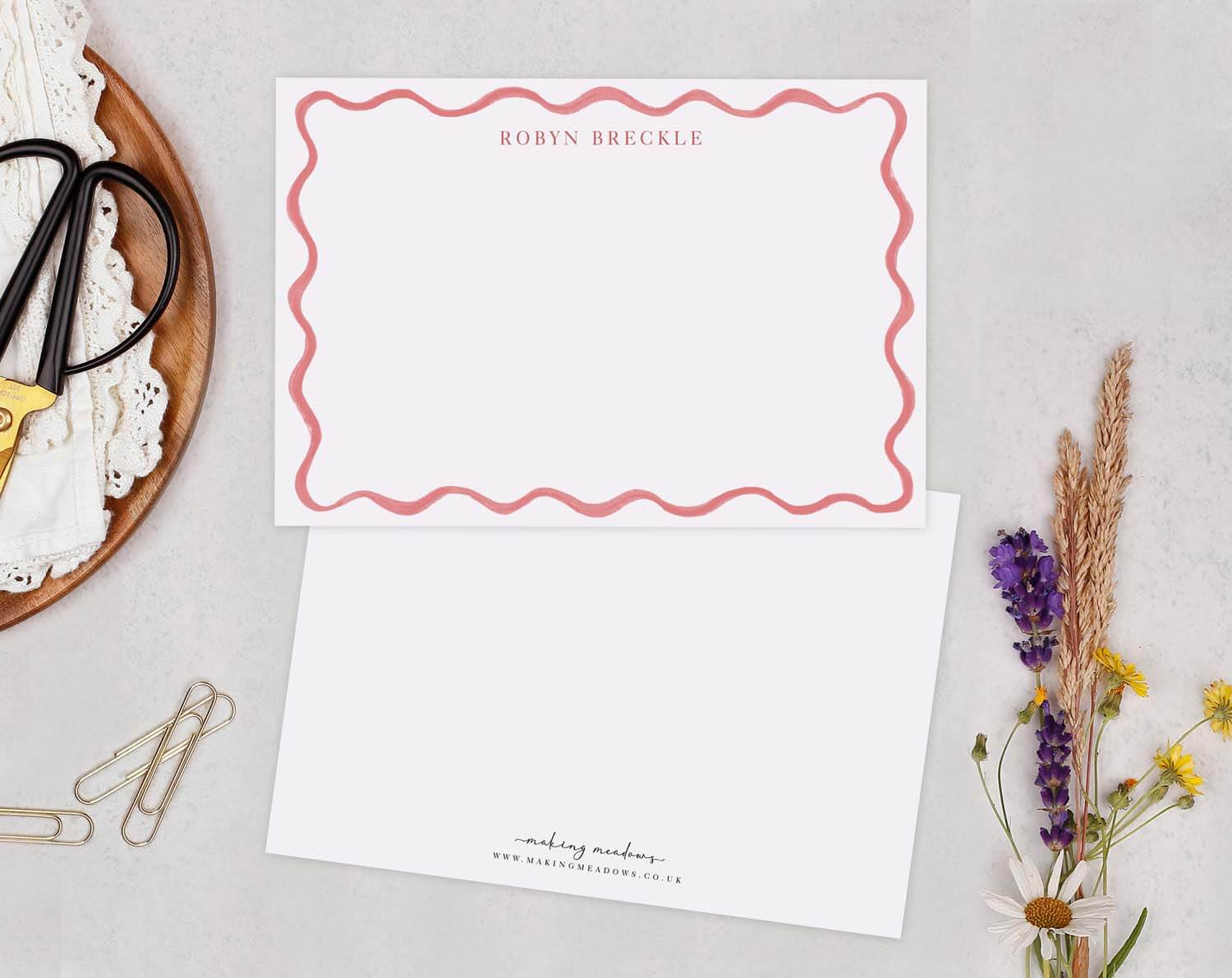 Pink Wavy Personalised Note Cards with a modern wave design and customizable name.