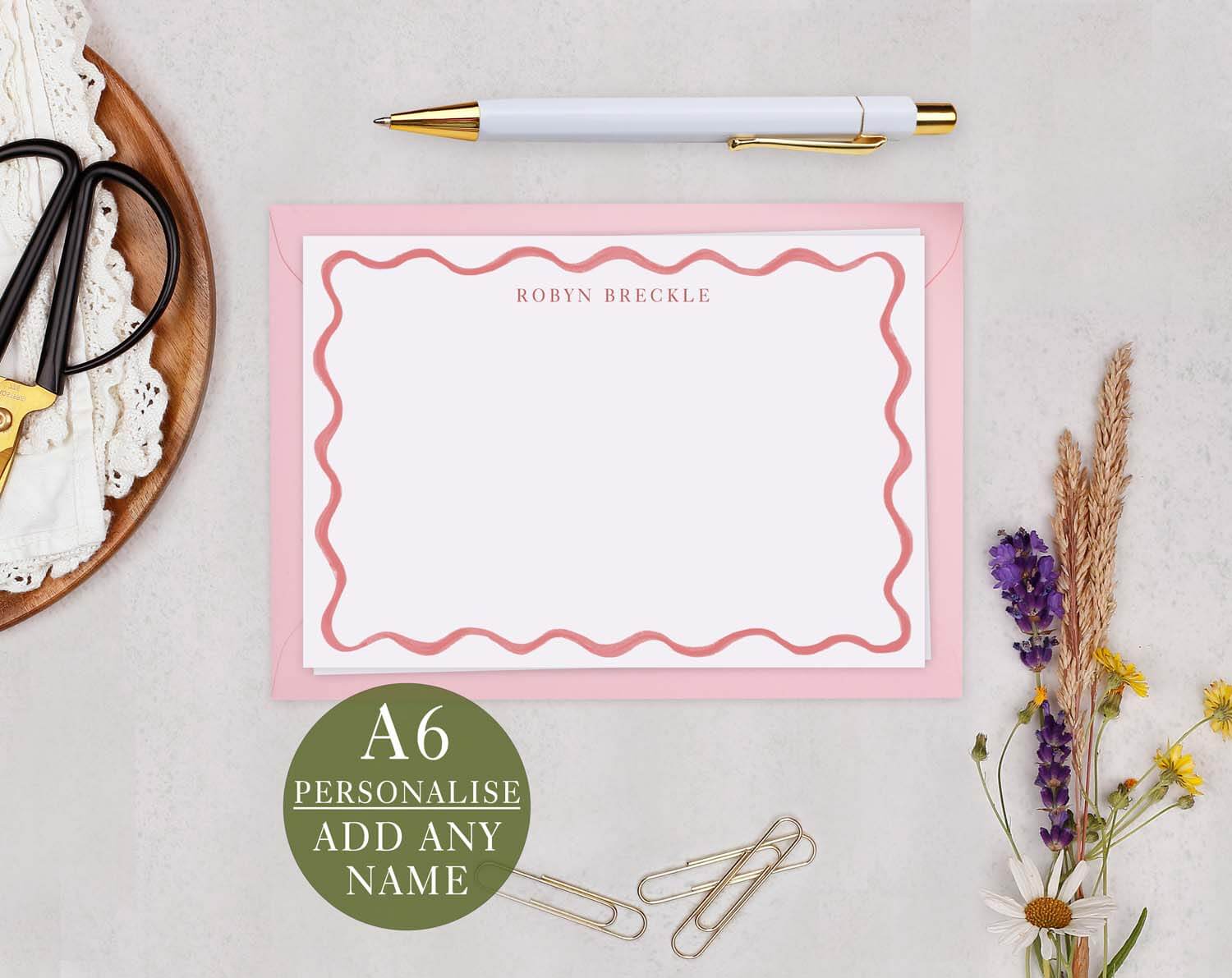 Pink Wavy Personalised Note cards with pink wave design and customizable name option on A6 stationery.