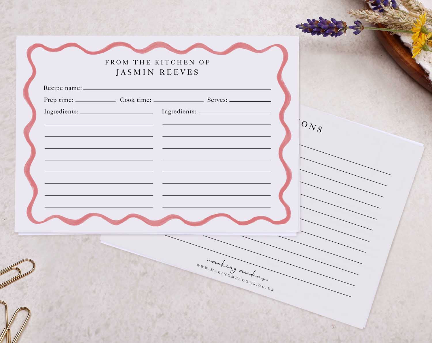 Pink Wavy Recipe Cards featuring space for recipe details and a personal touch, perfect for gifting.