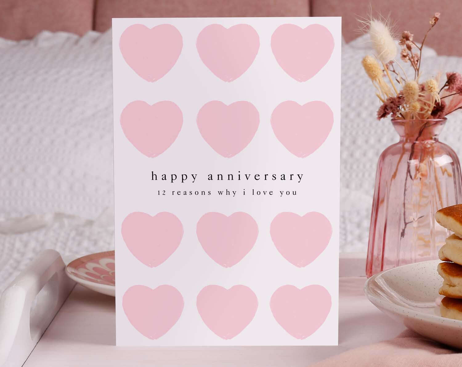 Pink 'Why I Love You' Fill In The Blanks Anniversary Card. Greeting & Note Cards designed by Making Meadows