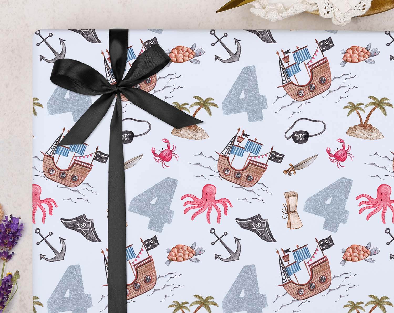 Pirate 4th Birthday Wrapping Paper decorated with pirate ships, sea creatures, and the number 4 for a fun birthday celebration.