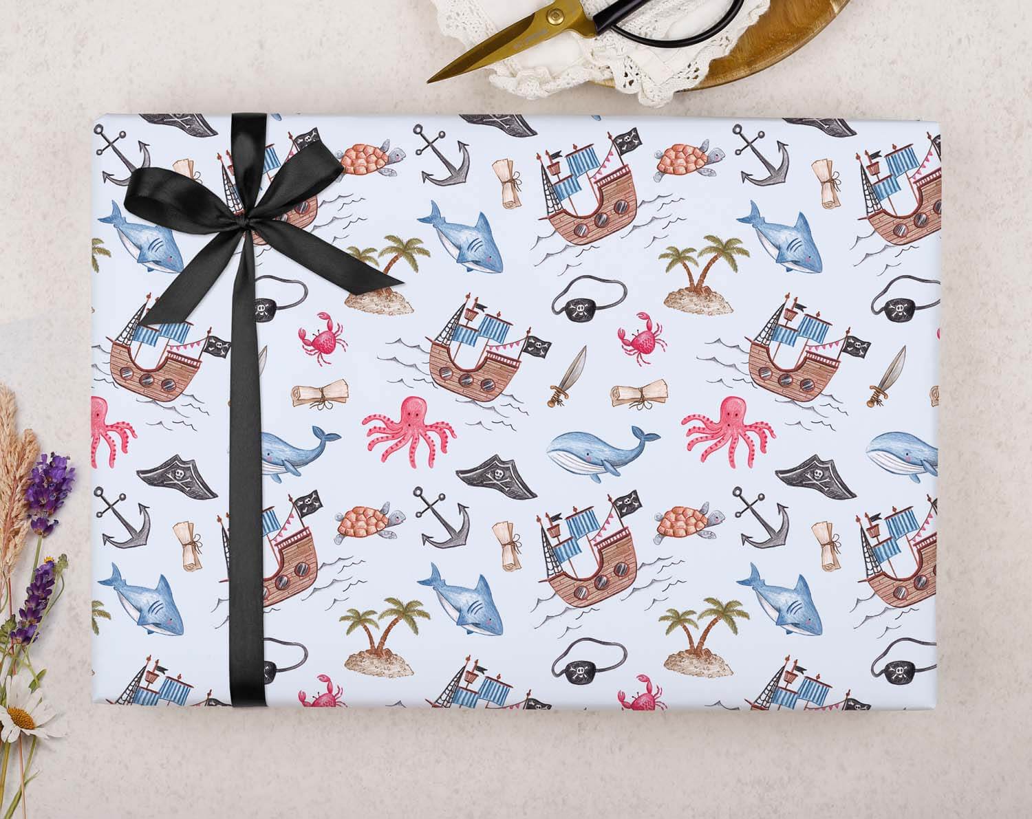 Pirate Birthday Wrapping Paper featuring playful pirate designs, perfect for wrapping gifts for adventurous children.