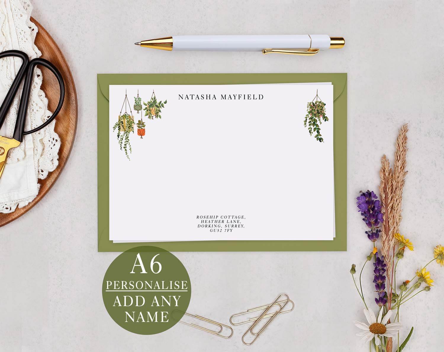 Plants Personalised Note cards featuring lush greenery illustrations on elegant stationery set.