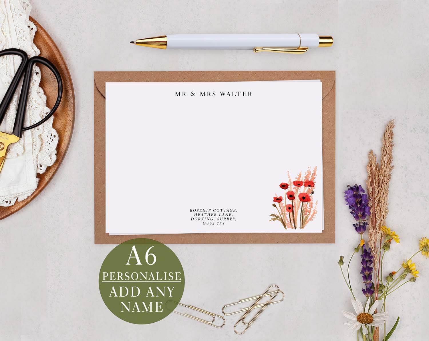 Poppy Personalised Note Cards in A6 size with red poppy illustrations and customizable name option.