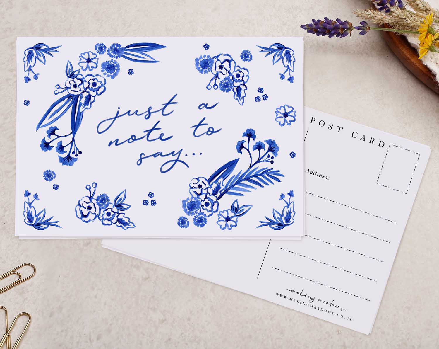 blue floral 'Just A Note To Say' Postcards