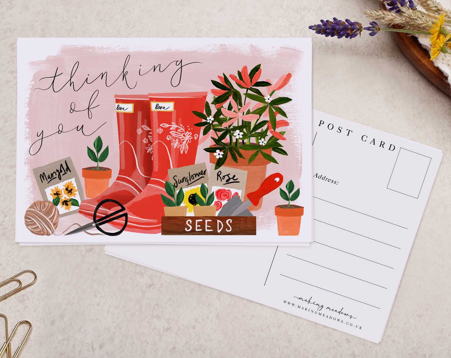 pink floral gardening 'Thinking Of You' Postcards