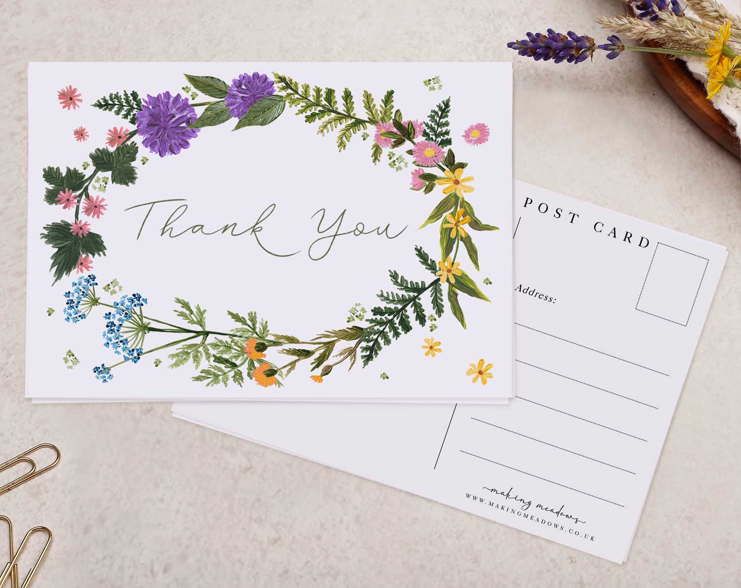 wild flowers, floral Thank You Postcard