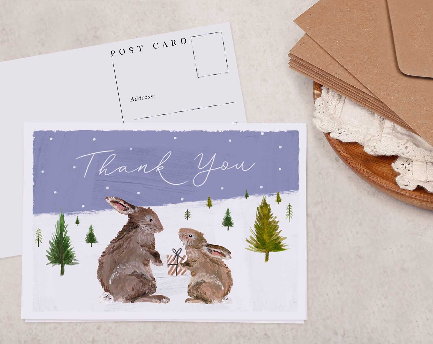bunny rabbit Christmas Thank You Postcard