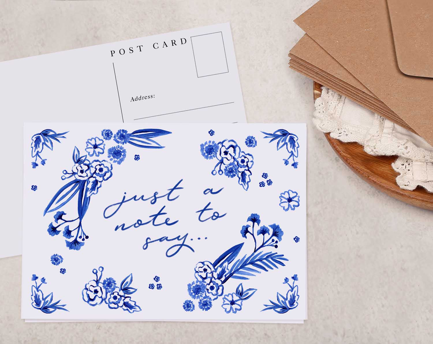 blue floral 'Just A Note To Say' Postcards