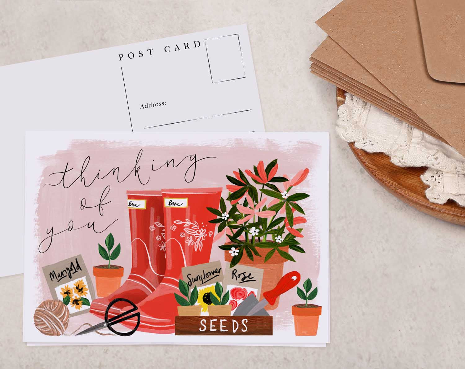 pink floral gardening 'Thinking Of You' Postcards