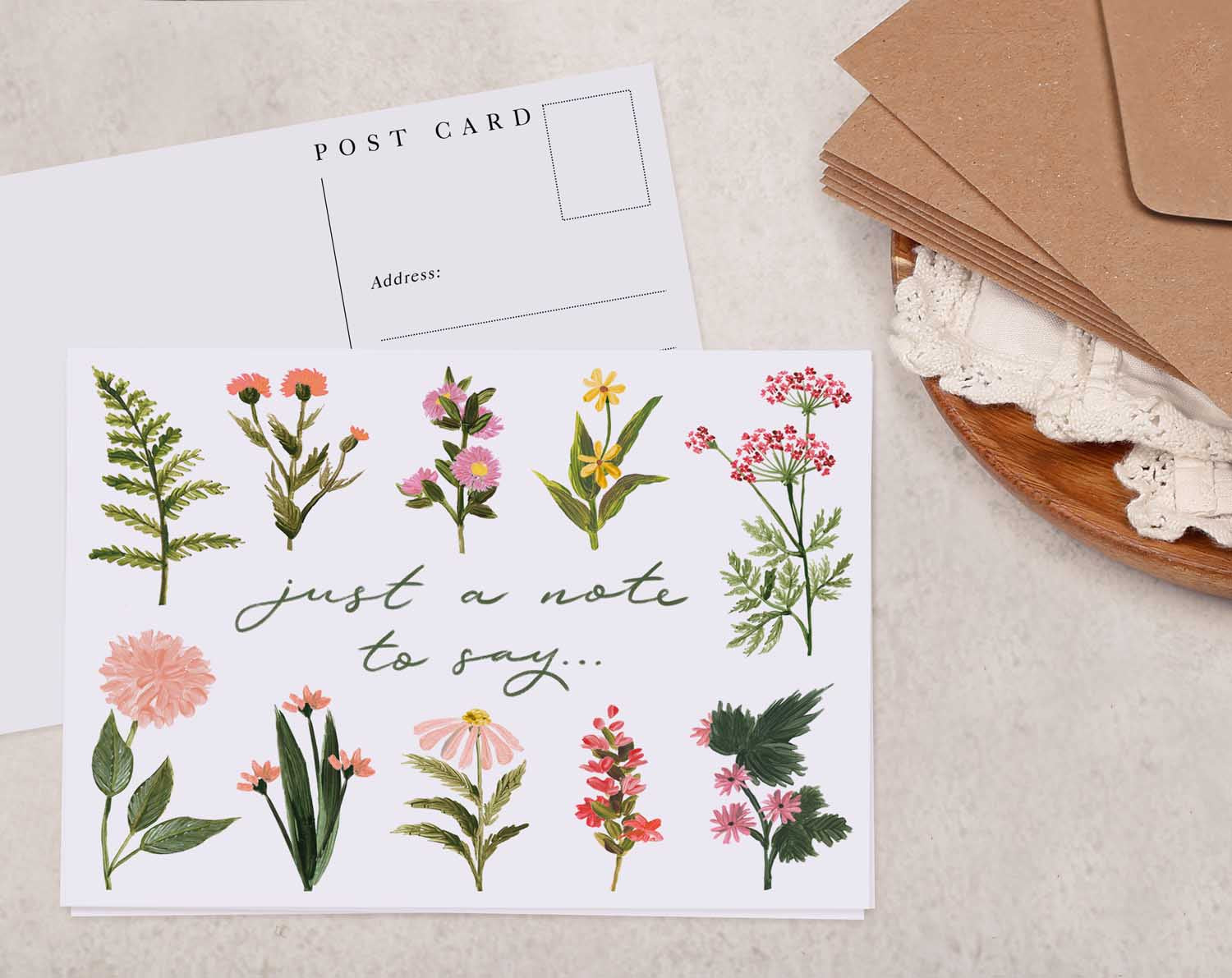 pink floral 'Just A Note To Say' Postcards