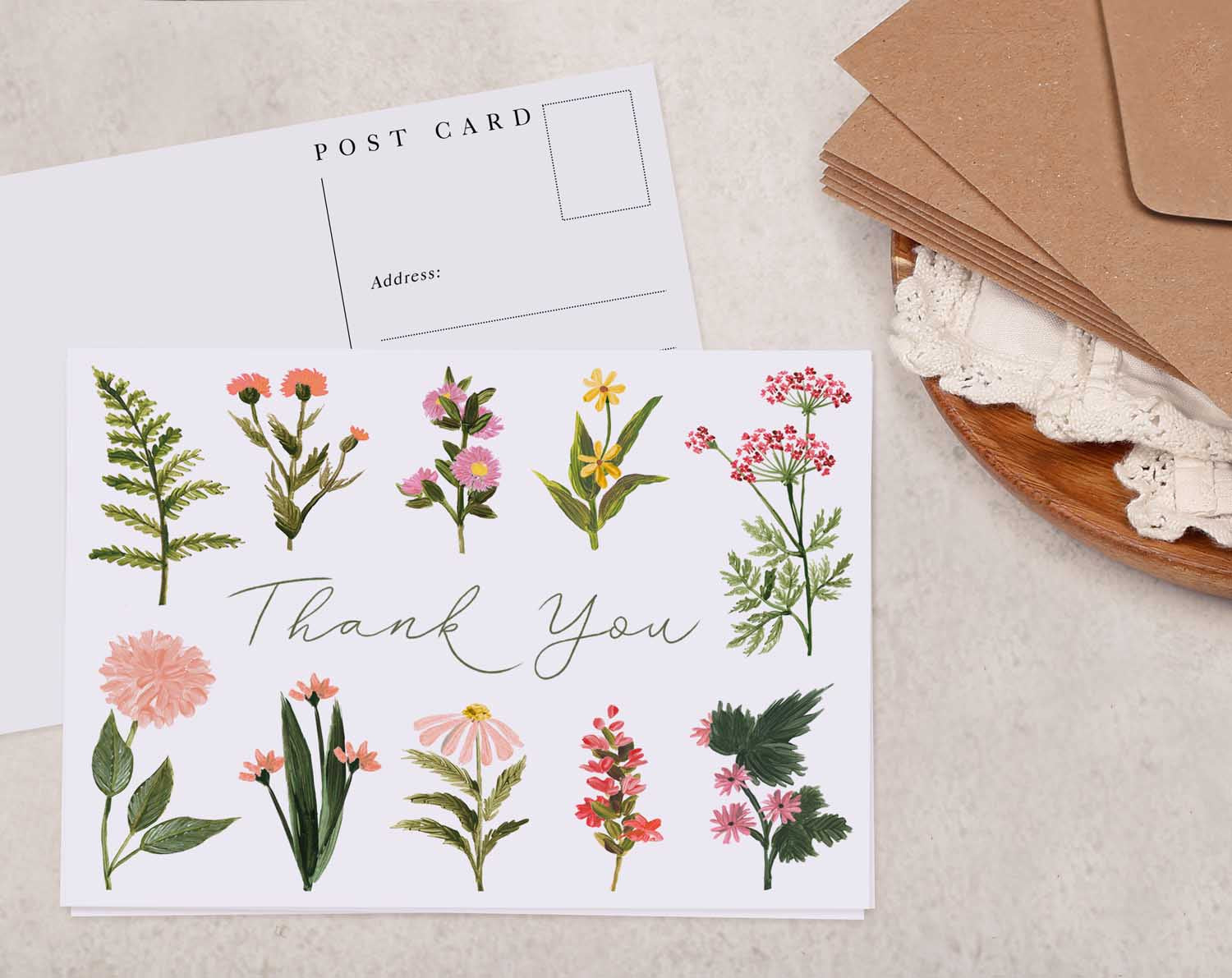 pink floral Thank You Postcards