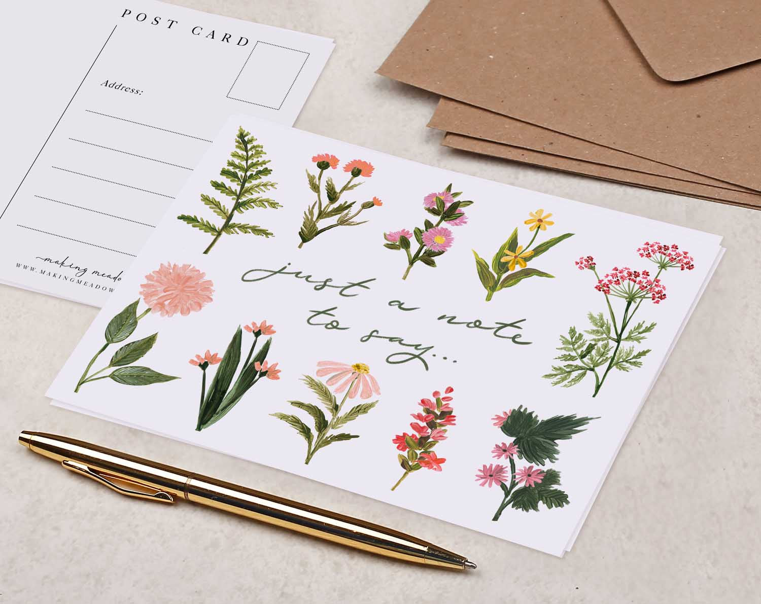 pink floral 'Just A Note To Say' Postcards