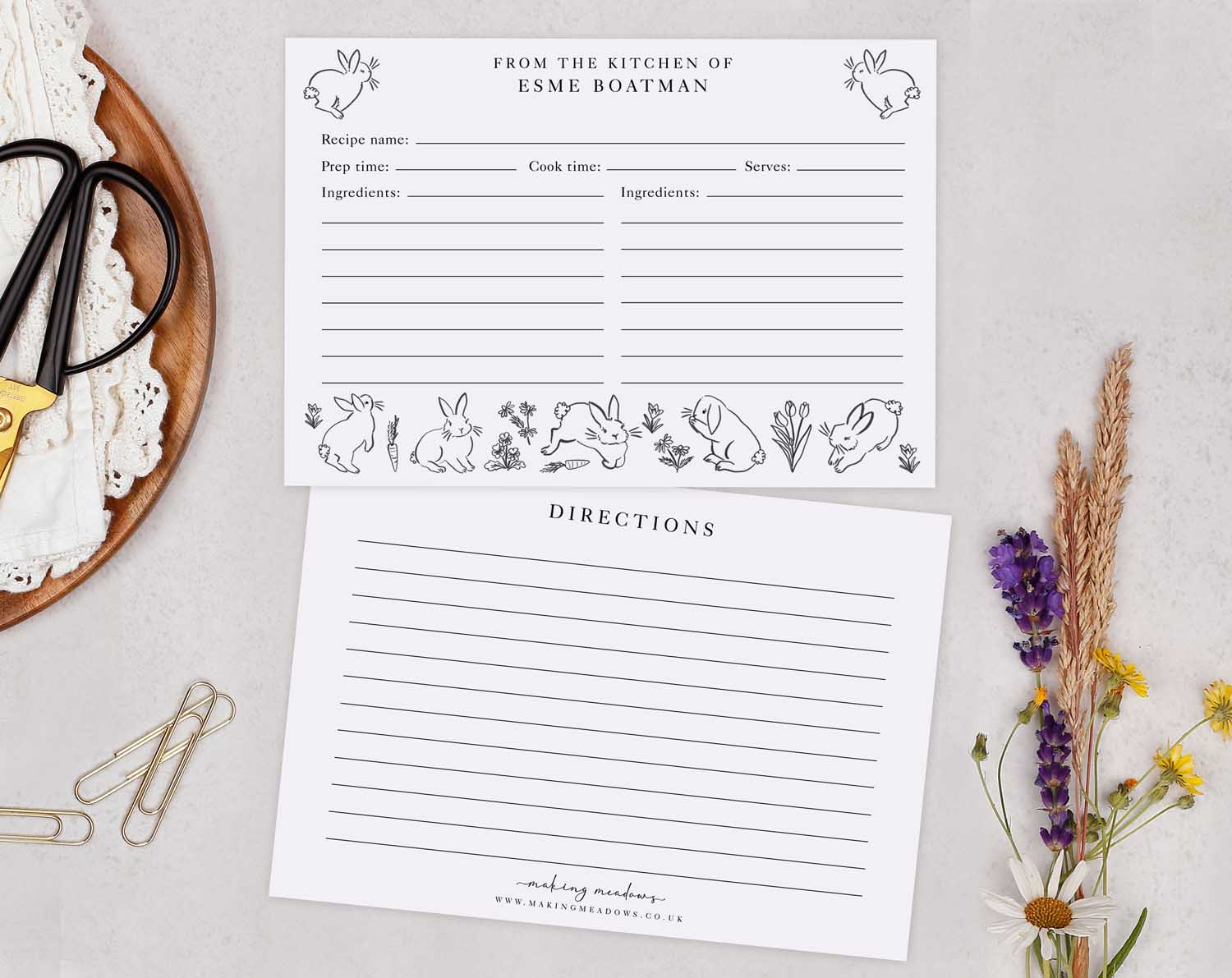 Rabbit Floral Recipe Cards with adorable rabbit illustrations and spaces for recipe details and directions.