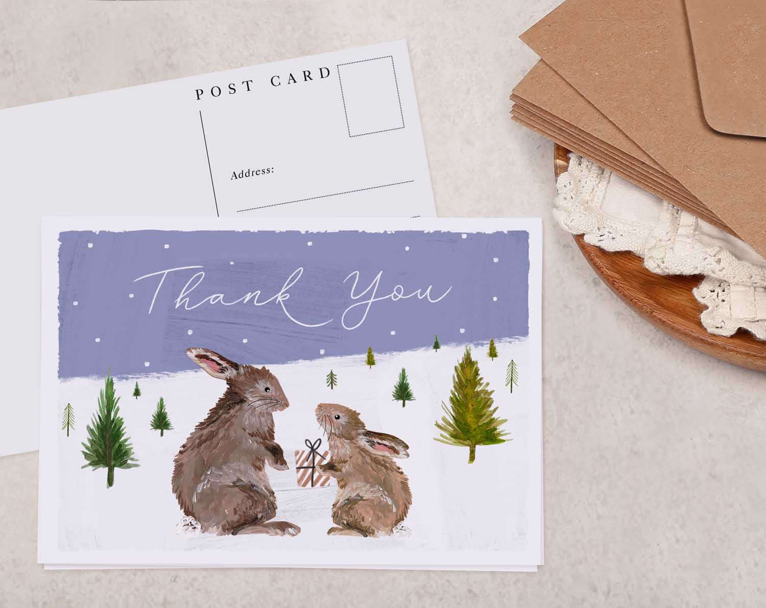 Rabbit Thank You Christmas Postcard. Post Cards designed by Making Meadows