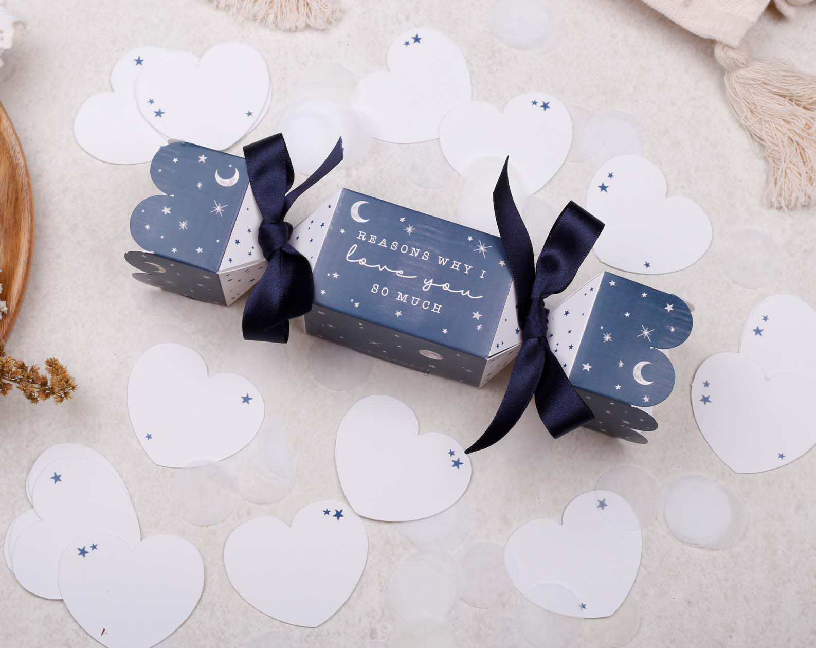 Reasons Why I Love You Surprise Navy Cracker. Stationery designed by Making Meadows