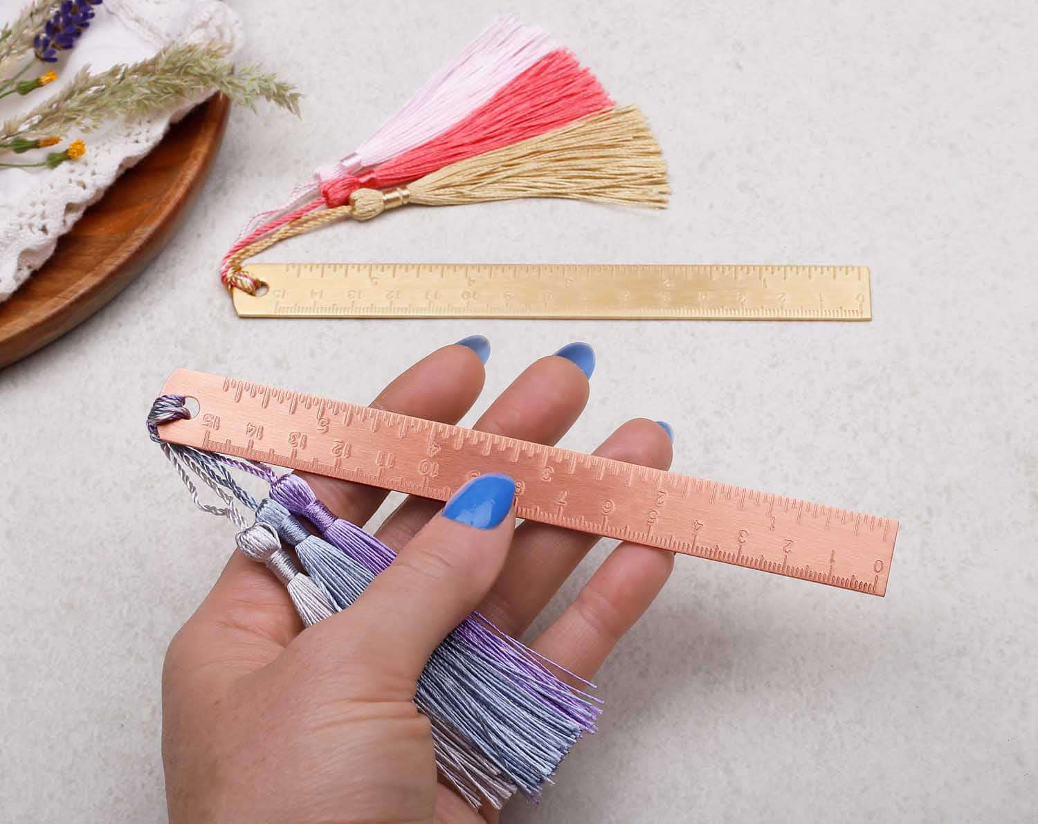 Rose Gold Metal Ruler With Tassels. Rulers designed by Making Meadows