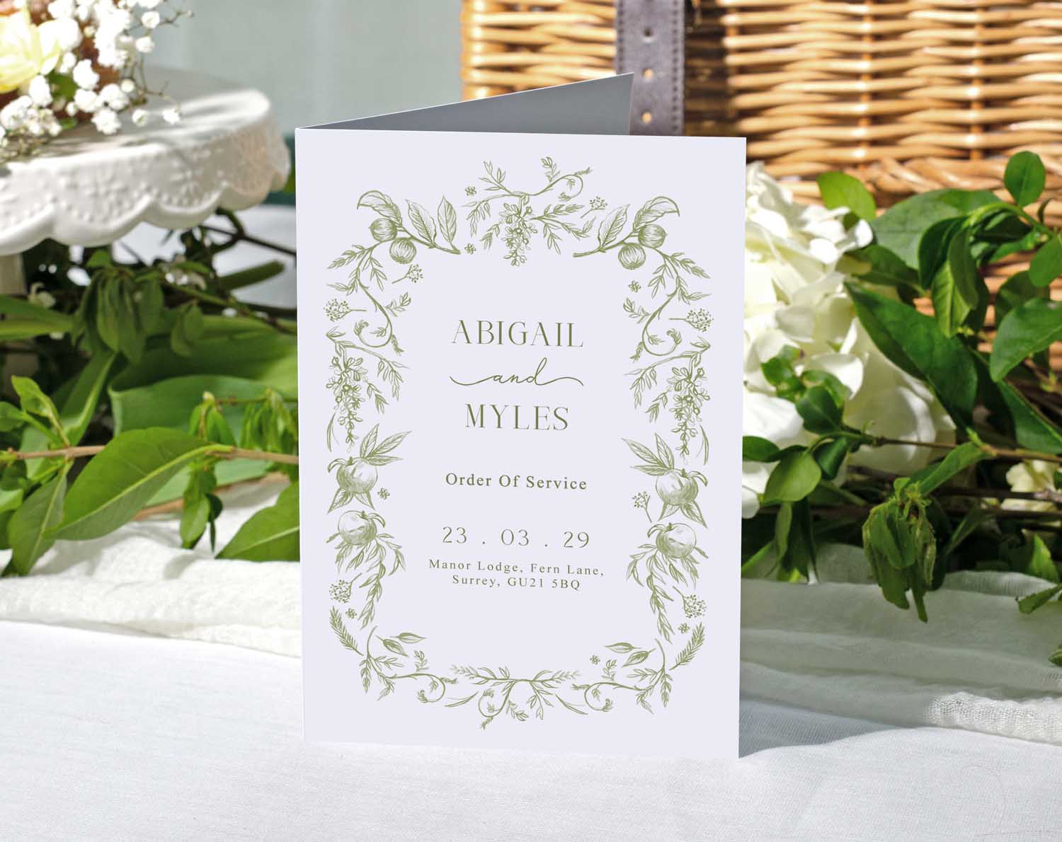 Sage Garden Order Of Service with sage green floral design booklet for wedding ceremony.