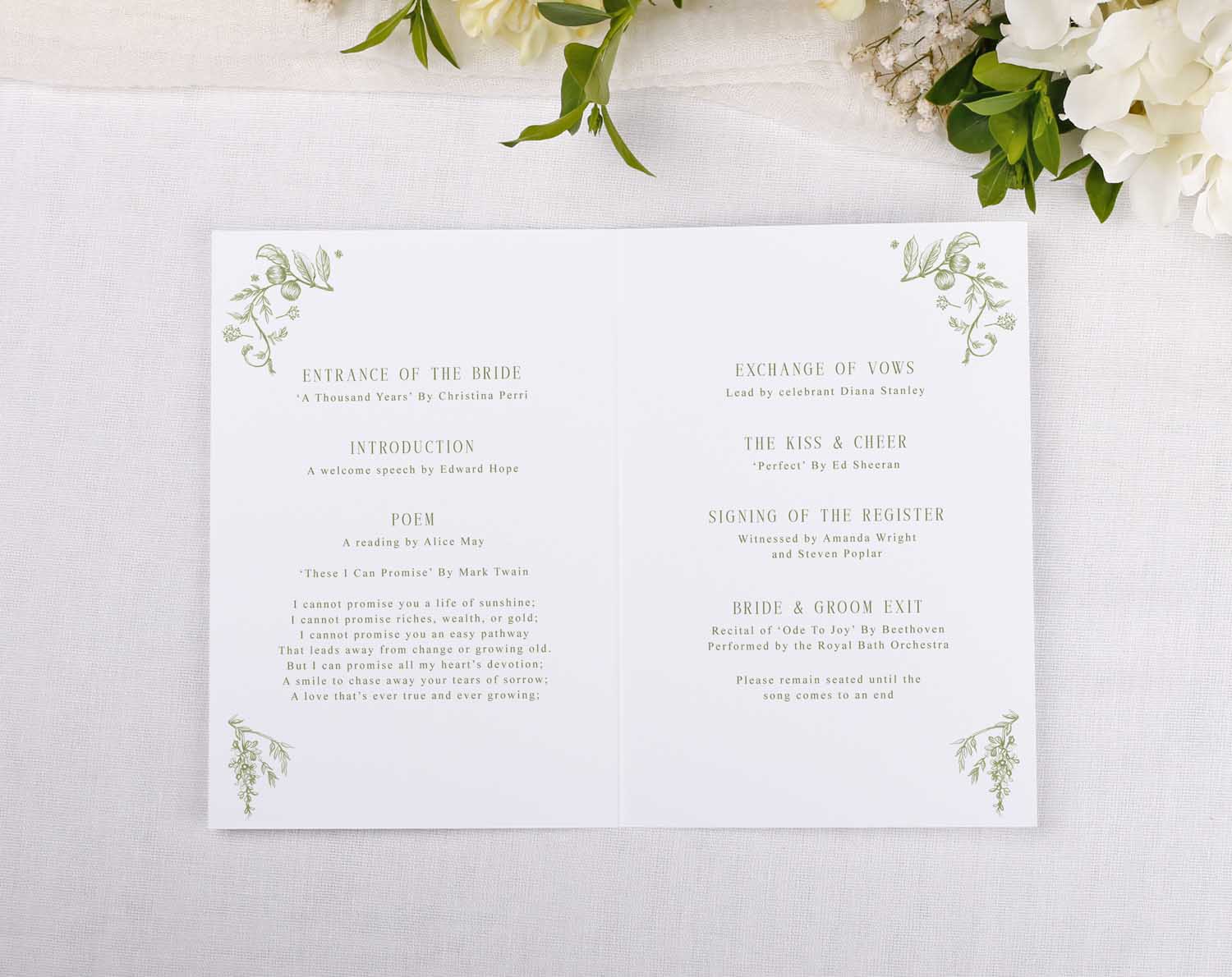 Sage Garden Order Of Service showcasing wedding ceremony details with elegant floral design.