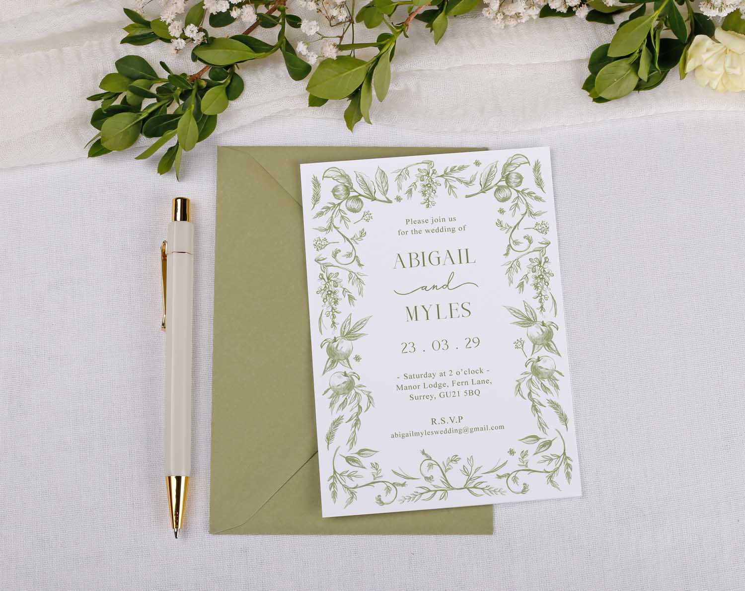 Sage Garden Wedding Invitations featuring elegant floral design and personalised details for a memorable countryside wedding.