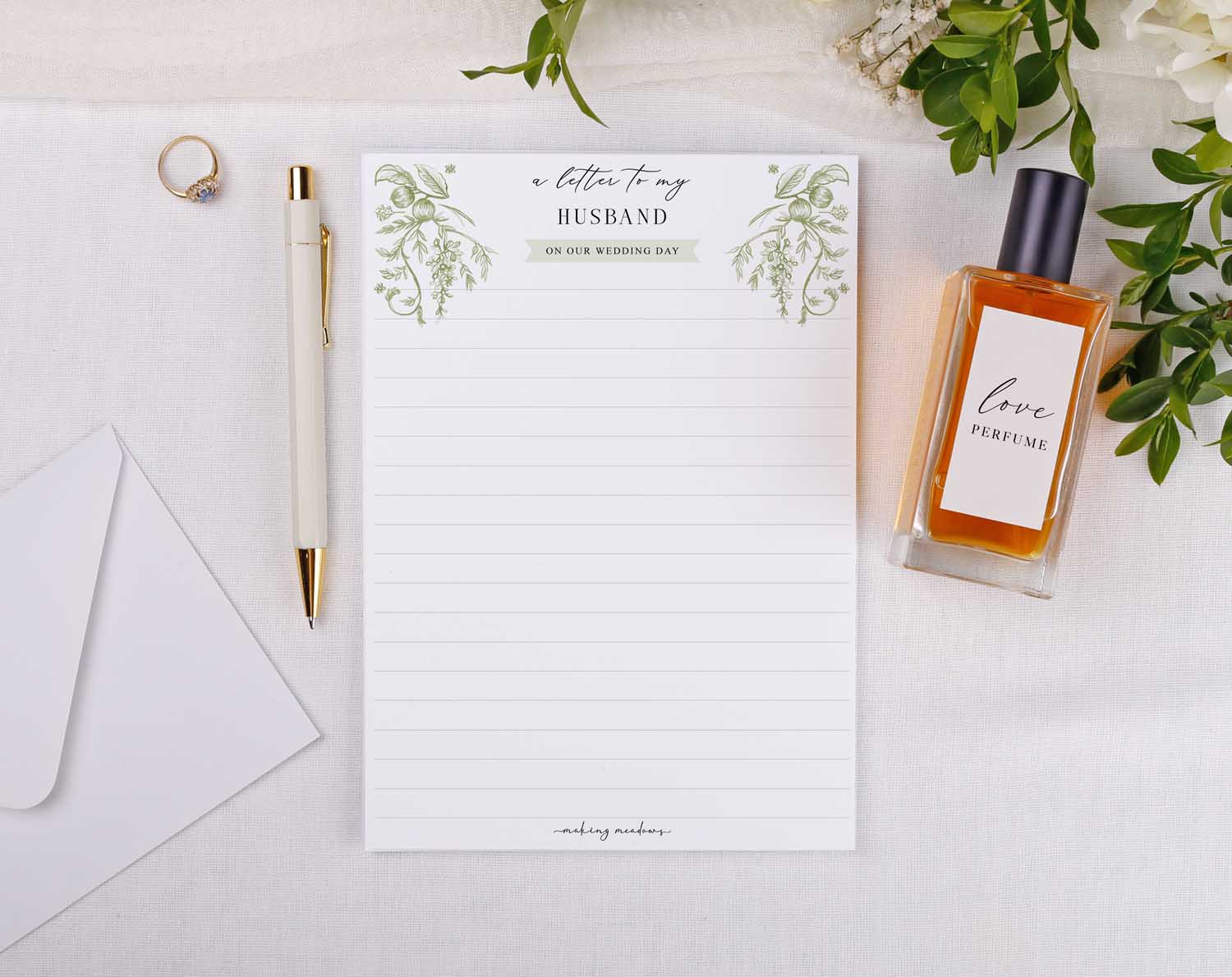 Sage Garden Wedding Letter to My Husband on a wedding day with pen, perfume, and ring.