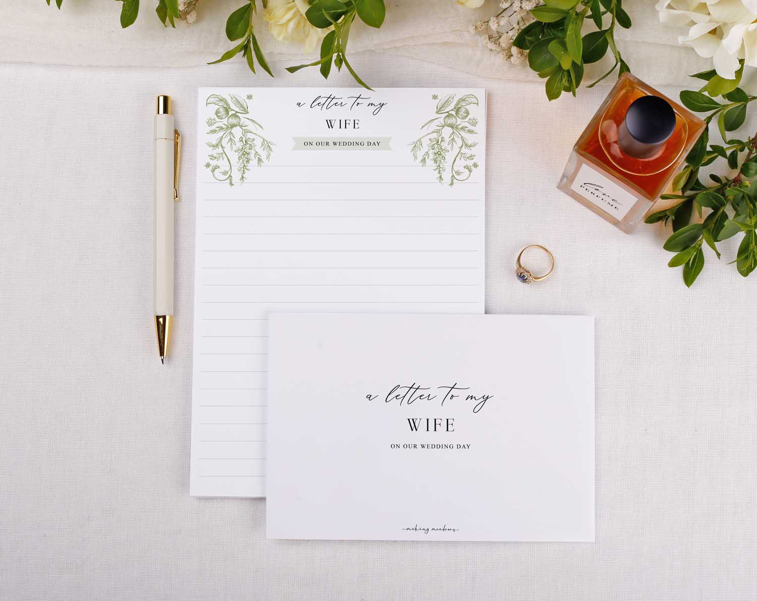 Sage Garden Wedding Letter to My Wife kit featuring a letter and envelope on a textured surface.