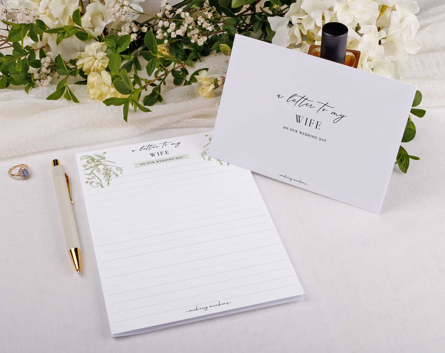 Sage Garden Wedding Letter to My Wife kit featuring elegant writing paper and envelope with botanical details.