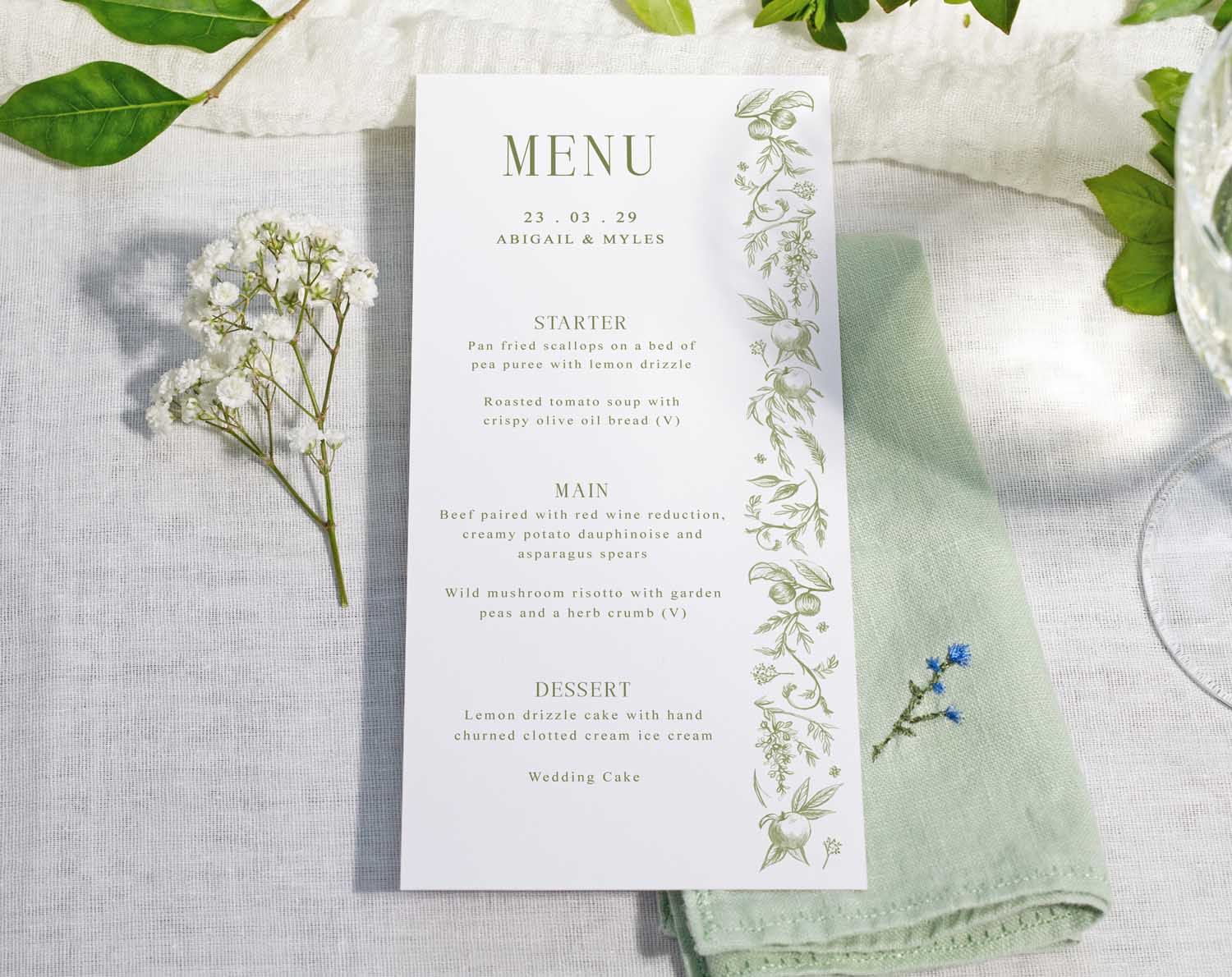 Sage Garden Wedding Menus for a beautifully set wedding table, featuring personalized menu card and elegant greenery design.
