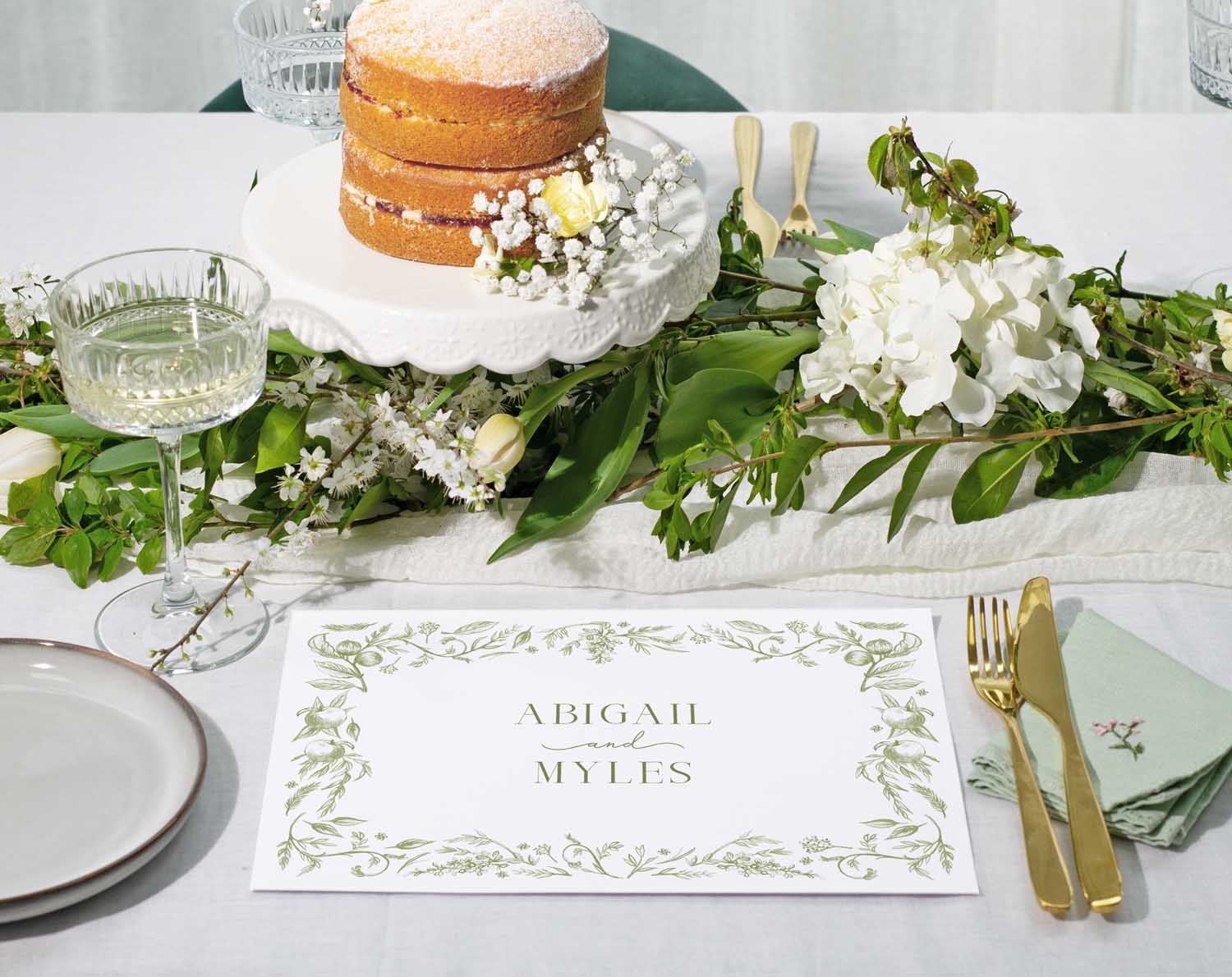 Sage Garden Wedding Placemats personalised with wedding date and couples names.
