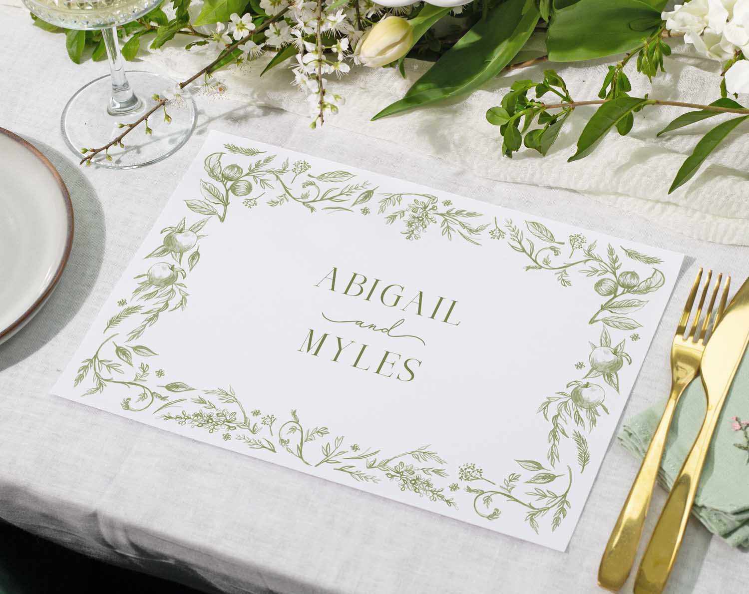 Sage Garden Wedding Placemats with elegant illustrations of greenery and flowers.