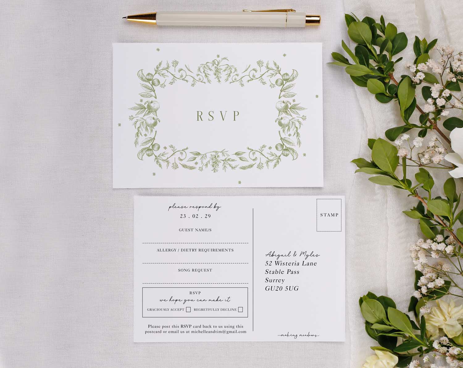 Sage Garden Wedding RSVP Cards featuring elegant floral design and space for guest details.