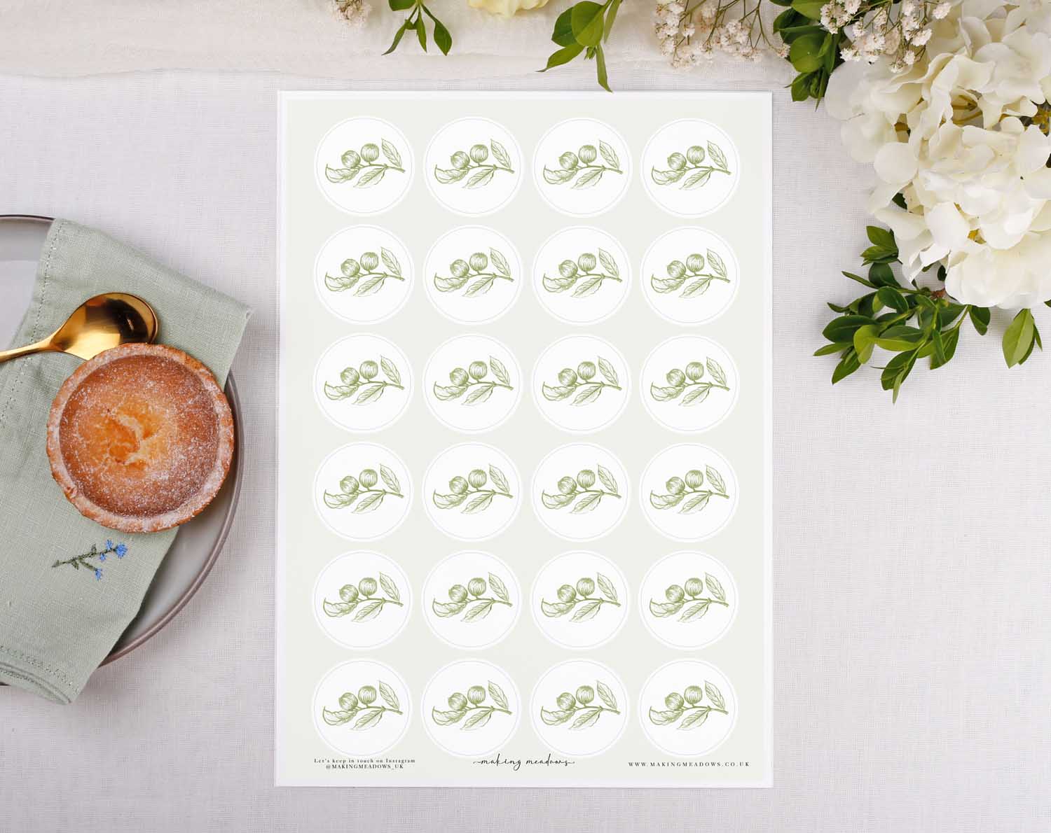 Sage Garden Wedding Stickers on a decorative sheet, featuring botanical illustrations for envelope seals.