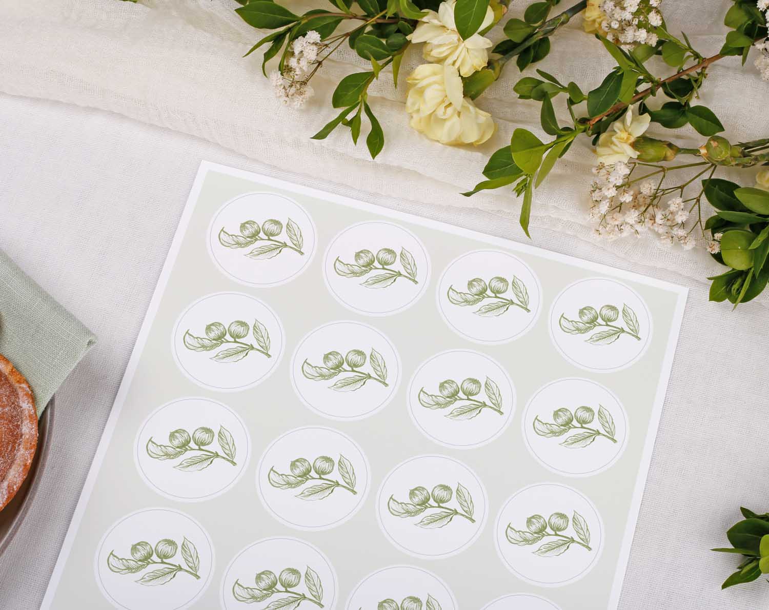 Sage Garden Wedding Stickers for envelope seals featuring botanical illustrations in green.