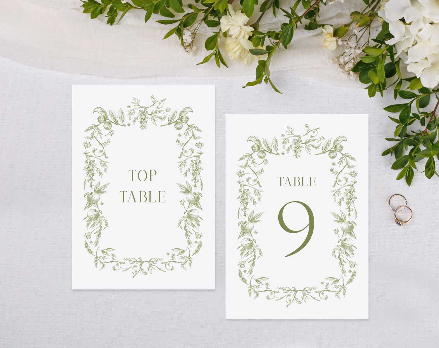 Sage Garden Wedding Table Numbers featuring elegant botanical designs for seating arrangements.