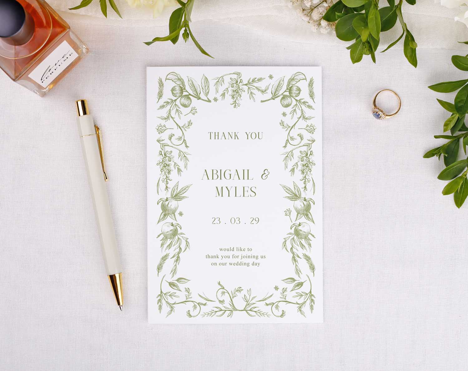 Sage Garden Wedding Thank You Cards featuring floral design and personalized message for Abigail and Myles.